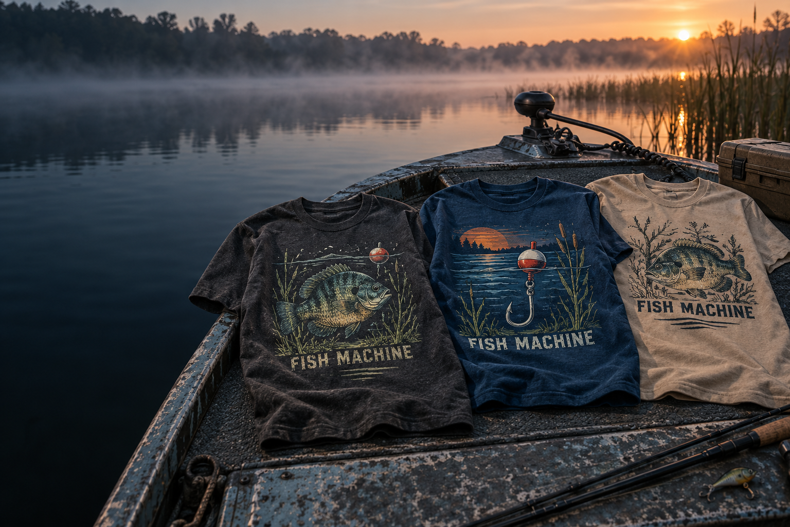 Three Fish Machine fishing shirts laid on the deck of a boat at sunrise